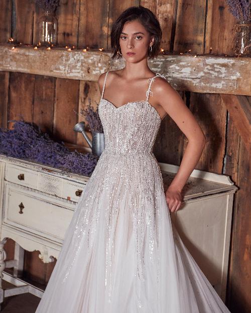 La24106 a line sparkly wedding dress with tulle and spaghetti straps1